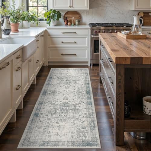 Rugxara 2x5 Hallway Runner Rug, Non Slip Boho Runner Rugs for Hallway, Kitchen, Entrance, Bathroom, Laundry Room, Soft Ultra-Thin Entryway Carpet, Throw Low Pile Retro Imitation Wool Carpet, Blue Grey - color: Blue & Grey, size: 2' x 5' (Runner)