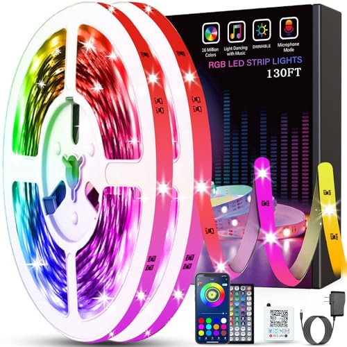 Tenmiro 130ft Led Lights for Bedroom, LED Strip Lights with Remote and App Control Music Sync Color Changing RGB LED Strip, LED Lights for Room Home Party Decoration (2 Rolls of 65ft) - size: RGB 130FT