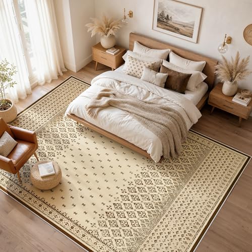 Joydeco Vintage Large Area Rug for Living Room, Washable Rugs 8x10 for Bedroom Non Slip, Neutral Boho Geometric Soft Low-Pile Floor Indoor Throw Carpet for Dining Dorm Playroom, Beige - color: Beige, size: 8' x 10' (Rectangular)