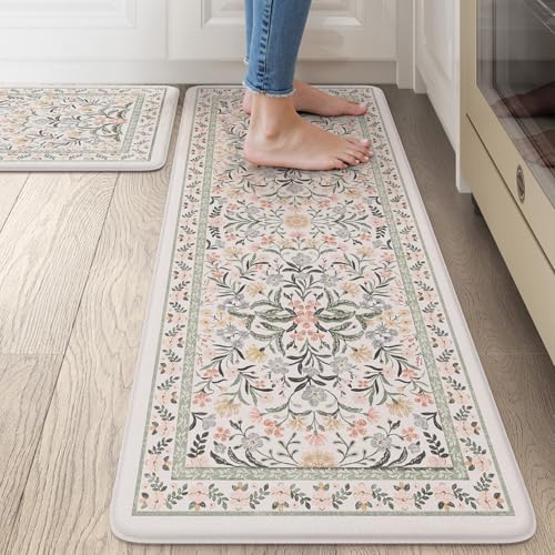 Collive Anti Fatigue Kitchen Floor Mat, Cushioned Waterproof Sink Mats Non Slip Floral Kitchen Rugs Sets of 2, Comfort Modern Standing Rug for Office, Laundry, Desk, 17"x30"+17"x47", Grey - color: Grey, size: 17.3"x47"+17.3"x29"