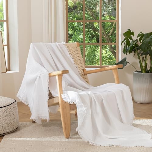 MooMee Muslin Blanket - 100% Cotton 4-Layer Gauze Throw Blanket with All-Around Fringe, Soft Breathable Lightweight Cooling Summer Blankets for Bed Couch (Bright White,Oversize Queen 98" x 98") - color: Bright White, size: Oversize Queen