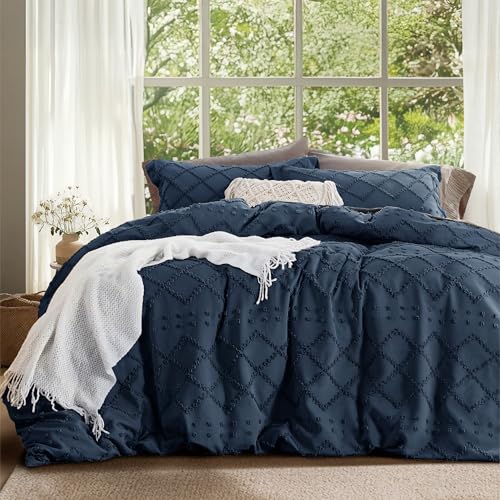 Bedsure Boho Oversized King Duvet Cover - Navy Breathable & Soft Boho Bedding, Machine Washable Comforter Cover for All Seasons, Includes 1 Duvet Cover 120"x98" with 2 Pillow Shams & Zipper Closure - color: 02 - Navy (No Comforter), size: Oversized King (
