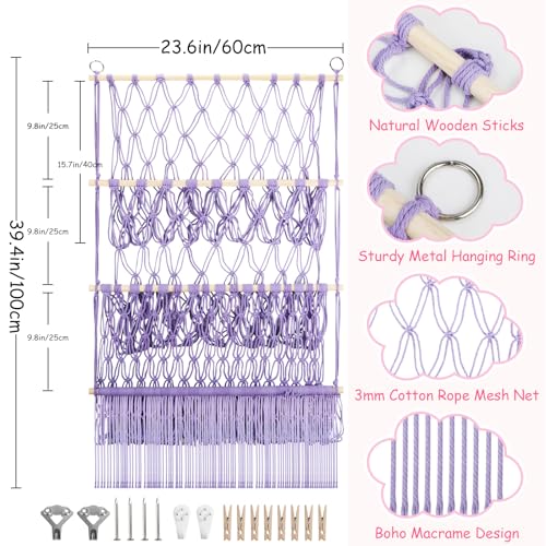 3 Tier Stuffed Animal Storage Shelf Net, 24x39 Inch Large Stuffy Storage w/ LED Light & Clips for Mini Medium Plushie Teddy, Purple Boho Macrame Wall Stuffed Animal Holder Display for Kids Girls Boys - color: Light Purple, size: Large-3 Tier-24x39 Inch