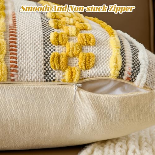 AmHoo Chenille Striped Textured Boho Throw Pillow Covers Aesthetic with Tassels Woven Decorative Pillow Case for Couch Bed Sofa Bedroom Modern Funky 18 x 18-Inch Yellow - color: Yellow, size: 18" x 18" (Pack of 1)