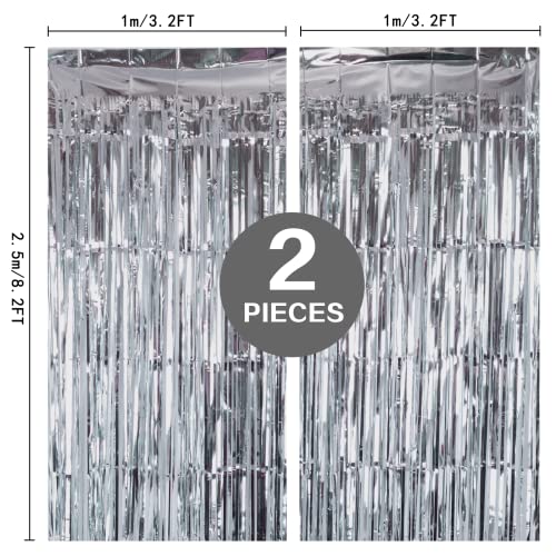 2 Pack Silver Foil Fringe Curtain Backdrop, 3.2Ft x 8.2Ft Metallic Tinsel Foil Fringe Streamer Curtains for Party Photo Booth Props Bachelorette Birthday Bridal Shower Christmas Decorations - color: Metallic Silver
