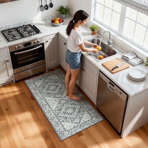 Lessymo 2 x 4 Entryway Rug, Machine Washable Area Rugs Boho Faux Wool Low Pile Area Rug for Bedroom, Floral Medallion Vintage Outdoor Rugs with Non-Slip Rubber, Grey Beige - color: Grey Beige, size: 2' x 4' (Runner)