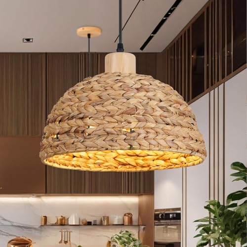 12" Boho Rattan Pendant Lights 1-Light Hand Woven Pendant Light Wicker Light Fixtures Ceiling Hanging for Kitchen Island Bedroom, Living Dining Room,Foyer