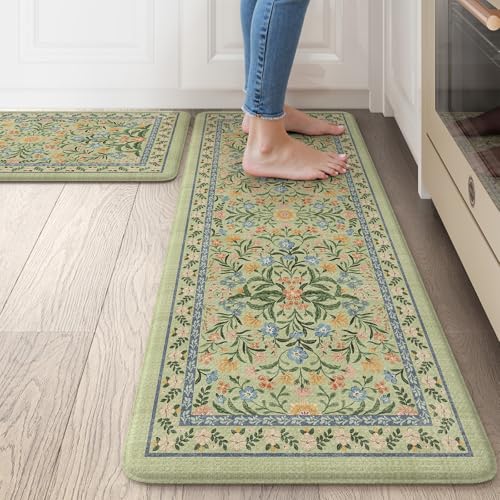 Collive Anti Fatigue Mat for Kitchen Floor, Green Floral Kitchen Mats for Floor Set of 2, Cushioned Waterproof Sink Rugs Non Slip Comfort Standing Rug for Office, Laundry, Desk - color: Green, size: 17.3"x47"+17.3"x29"