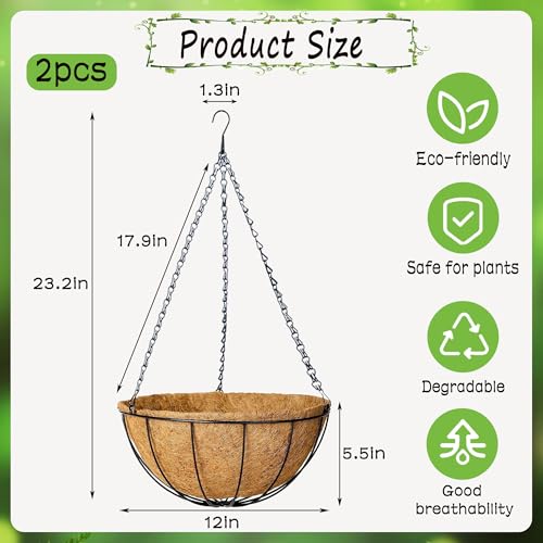 2 Pack Hanging Planters 12 Inch Metal Hanging Planter Basket Flower Pots with Coco Coir Liners Round Wire Plant Holder for Indoor Outdoor Patio Porch Garden Railings Decoration - color: Watermelon