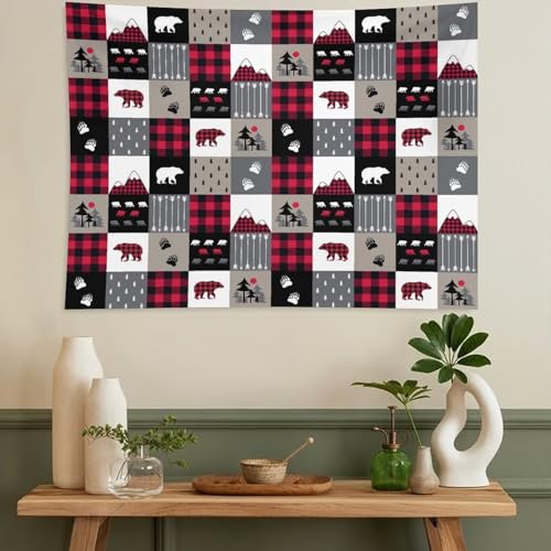 ZhiRain Cabin Retro Rustic Lodge Tapestry Wall Hanging Bear Country Hunting Wild Animal Plaid Check Tapestries Home Decor for Living Room Bedroom Farmhouse Apartment Dorm 30"x40" - color: Cabin-1, size: 30"L x 40"W