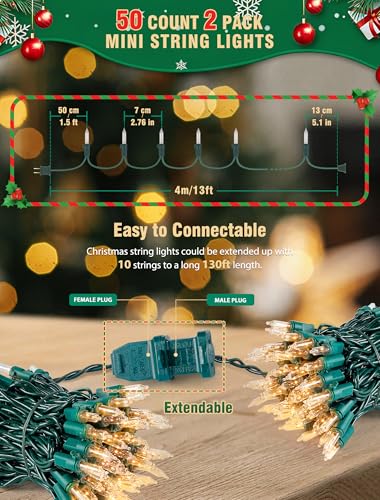 Hopolon Clear Christmas Lights Set 2 Pack 50 Count 13 Feet Incandescent Bulb Green Wire Mini String Lights for Indoor Outdoor Christmas Tree Garland Birthday Wedding Festival Decoration, Warm White - color: Clear,Green Wire, size: 2PACK, 50 count