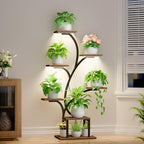 BACEKOLL Plant Stand Indoor with Grow Lights, 7 Tiered Indoor Plant Shelf, 49" Corner Plant Stands for Indoor Plants, Metal Plant Flower Display Shelf, Tree-Shaped Plant Rack for Home, Patio, Brown