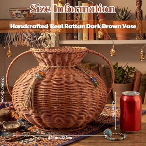 1 Pack Real Rattan Vase Woven Vase for Flower Decorative Wick AER Flower Plant Weave Basket Dark Brown Country Rustic Pastoral Style Tabletop Centerpiece for Home Decor (Pyknic) - style: Pyknic
