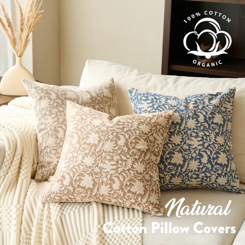FIOUOVO Floral Throw Pillow Covers 18x18 Farmhouse Block Print Pillow Covers Decorative Pillow Covers Couch Pillows for Living Room Vintage Accent Sofa Pillows Set of 2, Vintage Blue - color: Vintage Blue, size: 18" x 18" (Pack of 2)