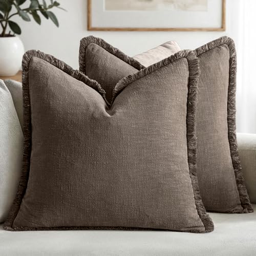 MIULEE Decorative Throw Pillow Covers Neutral Linen Fringe Throw Pillows Set of 2 Natural Coffee Boho Farmhouse Cushion Covers with Tassels for Couch Sofa Bed Living Room Spring Decor 18x18 Inch - color: Coffee, size: 18" x 18" (Pack of 2)