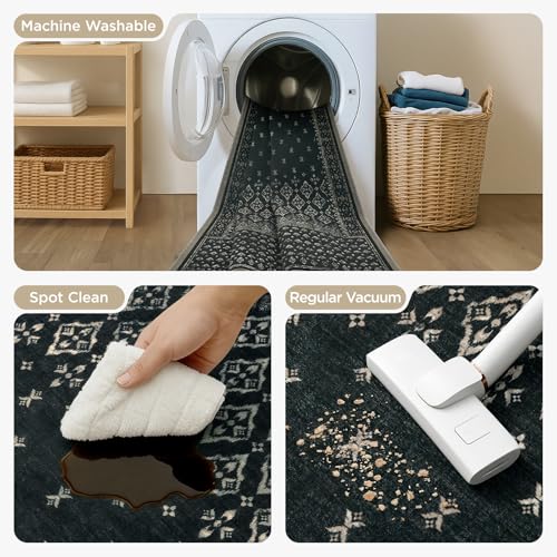 Joydeco Vintage 6x9 Area Rugs for Living Room Non Slip, Boho Washable Geometric Soft Rug for Bedroom, Ultra Thin Distress Indoor Floor Carpet for Dining Room Home Office Dorm, Black/Grey - color: Black, size: 6' x 8'11" (Rectangular)