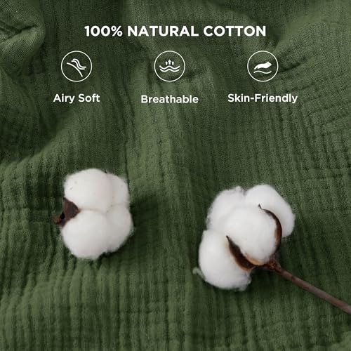 Bedsure 100% Cotton Muslin Blanket Queen Size for Bed - 4-Layer Breathable and Lightweight Thin Soft Summer Gauze Muslin Blankets for Adults, Olive Green, 90x90 Inches - color: 01 - Olive Green, size: Queen (90" X 90")