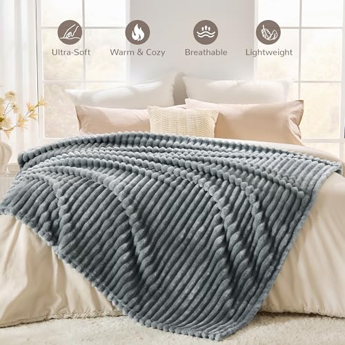 Gray Striped Twin Size Blanket, 330GSM Soft Plush Fleece Blanket for Couch Sofa Bed, Decorative Cozy Giftable Home Blanket, 60x80 Inches - color: Grey, size: Twin(60"x80")
