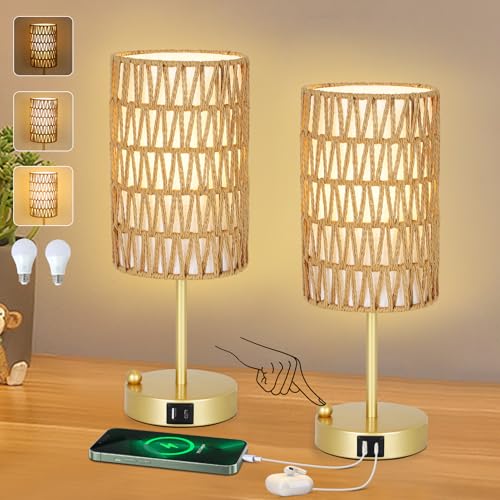 Gold Bedside Lamps Set of 2, Touch Control Night Stand Lamp for Bedroom with Rattan & Linen Shade & Bulbs, 3 Way Dimmable Small Boho Table Lamps with USB Charging Port & Phone Stand - color: Gold-2pack