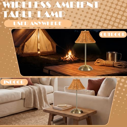 4 Pack Wedding Cordless Rattan Table Lamps Wicker Night Light LED Rechargeable Reading Lights 3 Color Portable Touch Control Party Decor with Bows for Outdoor Party Wedding Patio - style: Rattan