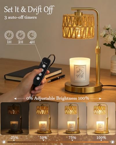 Candle Warmer Lamp with Timer, Dimmable Candle Warmer for Jar Candles, Height Adjustable Candle Lamp Warmer, Boho Rattan Lampshade and 2 Bulbs, Gift for Home Room Decor, Gifts for Women Mom (Gold) - color: Boho-gold