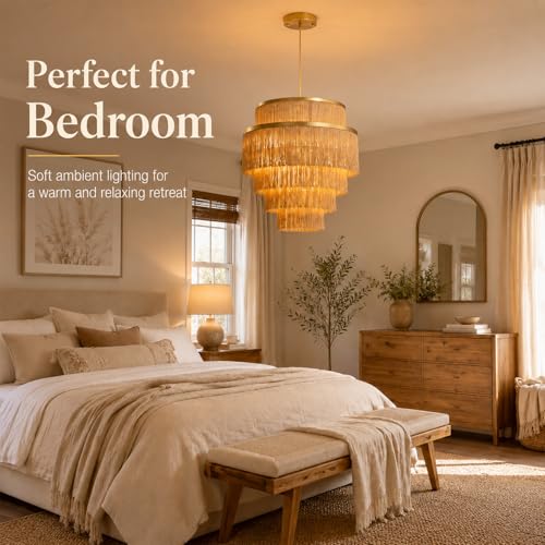 5-Tiered Boho Chandelier with Metal and Fringe,3 Lights Fringe Pendant Light Fixture,Tassle Chandelier for entryway,Dining Room,Baby Nursery,Gold - color: 5-Tiered-Gold
