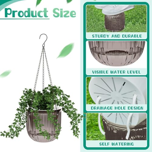 Meanplan 4 Pcs Self Watering Hanging Planter Indoor 6.5 Inch Hanging Baskets for Plants Outdoor Plastic Flower Pot with 3 Hooks Chains Drainage Holes for Garden Home, Medium Size(Gray) - color: Gray