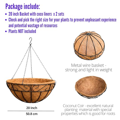 LaLaGreen Hanging Planter for Outdoor Plants (20 Inch, 2 Pack) Hanging Baskets with Coco Liner, Black Metal Wire Flower Basket Pots with Hook Hanger Balcony Porch Farmhouse Country Style Garden Decor - size: 20" x 2 Pack