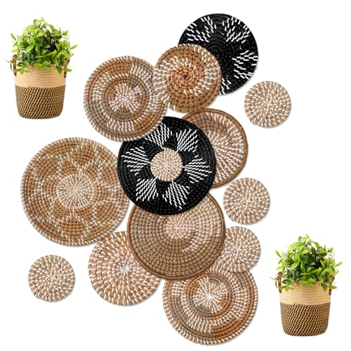 Xuhal 15 Pcs Boho Wall Basket Decor Handcrafted Seagrass Woven Wall Basket Rustic Round Woven Hanging Art for Home Farmhouse Kitchen Table Living Room (Dark Colors Style) - style: Dark Colors Style