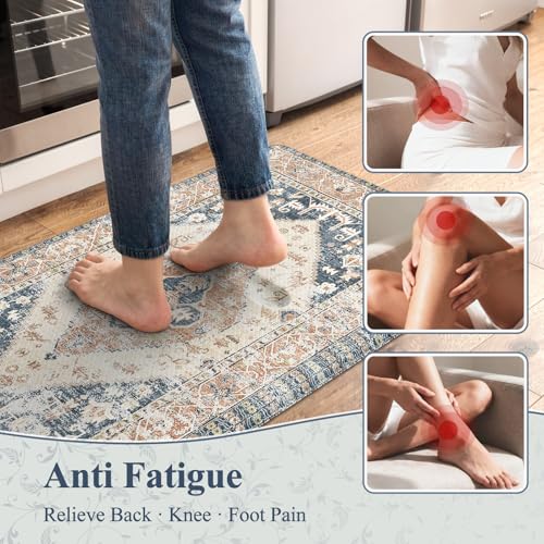 KIMODE Kitchen Rugs and Mats 2PCS Cushioned Anti Fatigue Kitchen Mat Non Slip Paded Kitchen Runner Rug Boho Vintage Mats Blue Gold Rugs for Kitchen Floor, Home Decor, Office, Laundry, Desk, Bathroom - color: Gold Blue, size: 17.3" x 47 "+ 17.3" x 29 "--0.