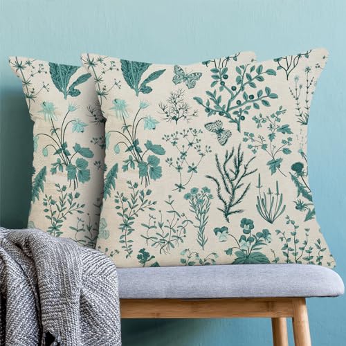 AEIOAE Summer Pillow Covers 16x16 Inch Set of 2,Teal Green Wild Flower Plant Throw Pillows Case,Seasonal Floral Outdoor Decorative Square Linen Farmhouse Decor Cushion Covers for Home Sofa Bed Couch - color: Teal Wild Floral, size: 16" x 16" (Pack of 2)