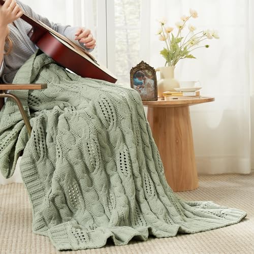 Amélie Home Chunky Knit Throw Blanket, Dual-Sided Soft Chenille Breathable Cable Knitted Blanket for Couch, Farmhouse Decorative Throw for Sofa & Chair, 50"x60", Sage Green - color: Sage Green, size: Cable Knit 50"x60"