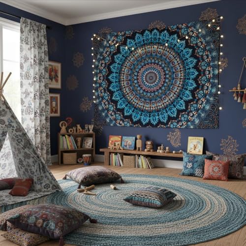 Motanber Blue Mandala Tapestry Wall Hanging Vintage Medallion Tapestry Aesthetic Hippie Boho Floral Cool Cute Small Tapestries for Bedroom Living Room Dorm Decor 60 x 44 Inch - color: Navy Blue, size: 60"L x 44"W