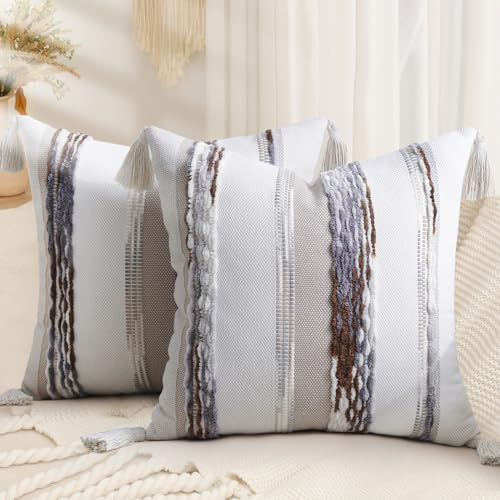 decorUhome Boho Decorative Throw Pillow Covers 18x18 Set of 2, Striped Chenille Tufted Pillow Covers with Tassels for Couch Bed Sofa, Cream White and Khaki - color: Cream White and Khaki