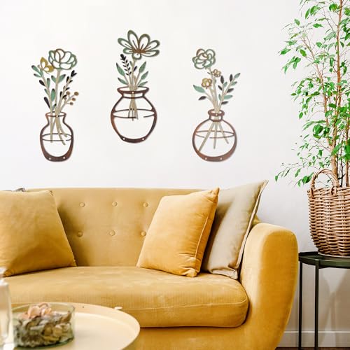 Mcdagogn 3 Pieces Metal Flowers Wall Decor - Rustic Farmhouse Wall Arts, Boho floral Minimalist Wall Decor for Living room Bathroom Bedroom laundry Room Kitchen Office - Housewarming Gifts - color: Brown-Green