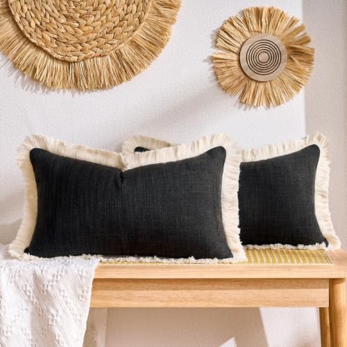 Boho Lumbar Pillow Covers 12x20 Pillow Cover Black Faux Linen Couch Rectangular Pillow Covers Soft Lumbar Cushion Cover with Tassels Farmhouse Cushion for Couch Sofa Bedroom Living Home Set of 2 - color: Black, size: 20" x 12" (Pack of 2)