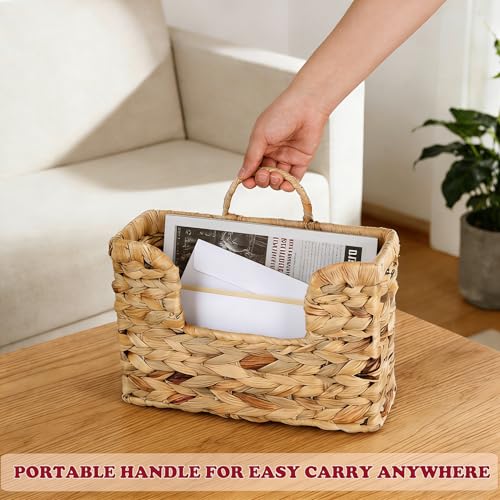Hanging Magazine Basket, Woven Wall Magazine Holder Organizer with Handle for Mail, Files, Books - Water Hyacinth Farmhouse Storage Rack for Bathroom, Kitchen, Office
