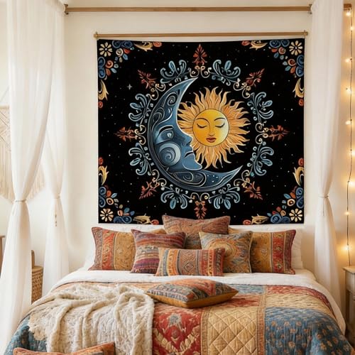 Alened Boho Hippie Sun and Moon Tapestry for Bedroom Aesthetic, Black Vintage Celestial Starry Sky Tapestries, Dark Floral Moon and Stars Wall Hanging Decor for Dorm Living Room (51'' x 60'') - color: sun and moon, size: 60"L x 51"W