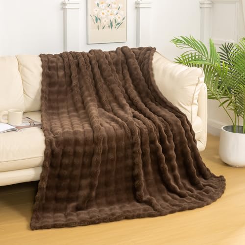 YUSOKI 3D Fleece Bubble Throw Blanket | 380GSM Ultra Soft Fluffy Plush | Non-Shedding Lightweight Cozy Blanket for Couch Sofa Bed | All Season(Brown,50 * 60inches) - color: Brown, size: Throw(50" x60")