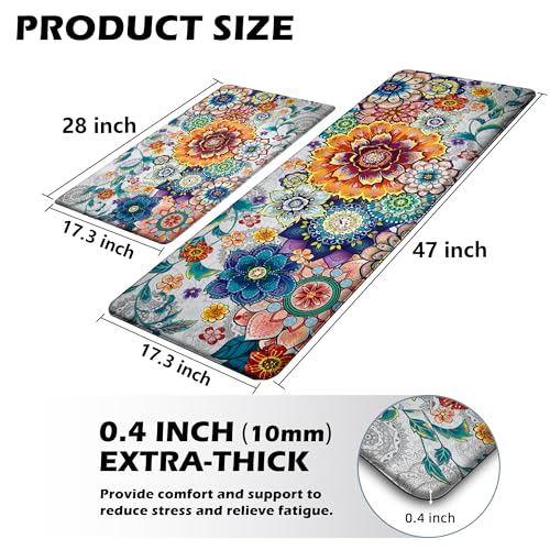 Floral Kitchen Rugs Mats for Floor 2 Piece Flowers Anti Fatigue Kitchen Mats Non Slip Cushioned Comfort Standing Mat for Sink, Office, Laundry, 17.3x28+17.3x47 Inch - color: Boho Floral-2pcs, size: 17.3"x28"+17.3"x47"-0.40Th[2PCS]