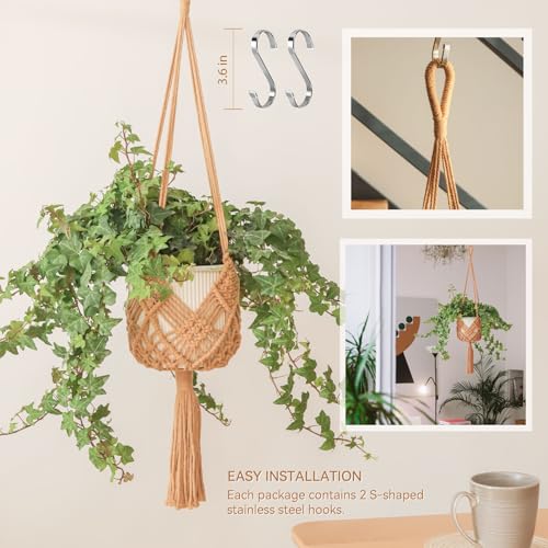 Hanging Planter with Patterns,2Packs Macrame Plant Hangers Indoor Macrame for up to 8 inch Pot Crochet Boho Plant Hanger Holder for Indoor Outdoor with 2S Shaped Stainless Steel Hooks (Caramel) - color: Caramel