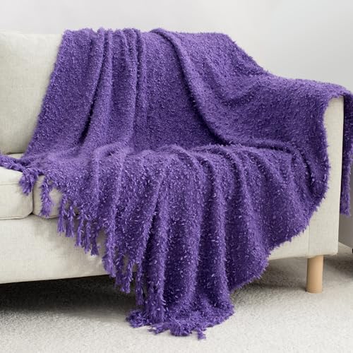 Winter Knit Throw Blanket Fluffy Fuzzy Soft Lightweight Cozy Farmhouse Tassels Chunky Knitted Throws for Couch Sofa Bed (Purple, 50"x60") - color: Purple, size: 50"x60"