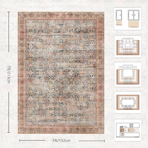 5x7 Area Rugs - Washable Vintage Retro Living Room Rug, Soft Ultra Thin Non Slip Low Pile Traditional Distressed Boho Carpet for Bedroom Dining Room Nursery Home Office, Rust Clay - color: A-rust Clay, size: 5x7