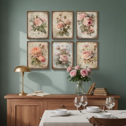Framed Vintage Floral Wall Art, Set of 6 Boho Pink Rose Flower Canvas Painting Prints Artwork for Rustic Farmhouse, Retro Botanical Pictures for Bedroom Living Room Office Home Decor, 11x14 - color: Rose - Walnut Framed, size: 11" W x 14" H x 6Pcs