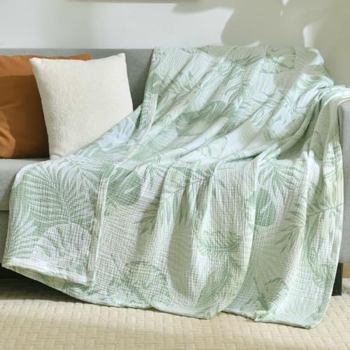 100% Cotton Muslin Throw Blanket Queen 90"x92", Vintage Indoor and Outdoor Use, Reversible and Breathable Fabric for Yard Picnics, Bedding or Chair Cover, Green Leaves - color: Root={'value': "['Green']"}, size: \'Queen (90" x 94")\'