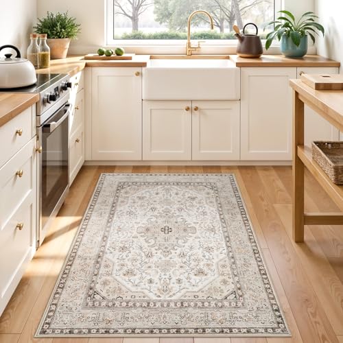 Washable Small Oriental Entryway Rug: 3x4 Indoor Area Rugs for Kitchen Sink - Ultra Thin Low Pile Stain Resistant Mat - Home Decor for Vintage Style Lover - 3x4 Ivory - color: Ivory, size: 3' x 4' (Rectangular)