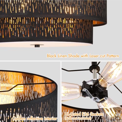 Modern Black Linen Drum Semi Flush Mount Ceiling Light with Pierced Design, Perfect Lighting Fixture for Bedroom, Dining Room, Kitchen, Living Room, or Hallway Chandelier Lamp - color: Black