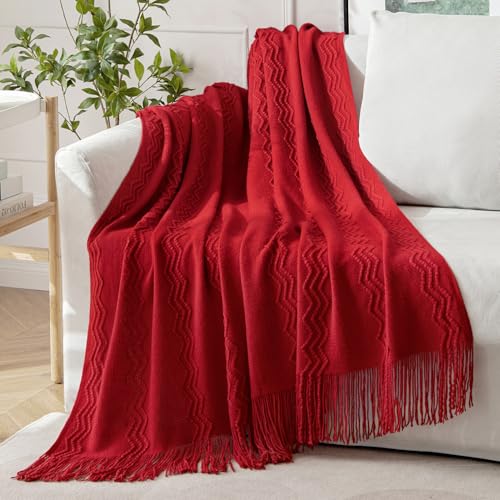 MIULEE Red Knitted Throw Blanket for Couch Boho Textured Cozy Woven Blanket with Tassels for Sofa Chair Bed Living Room Acrylic Wave Pattern 50"x60" - color: Christmas Red, size: 50" x 60"