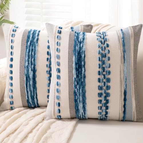 Boho Throw Pillow Covers 18x18 Set of 2 Farmhouse Decorative Cushion Case Striped Square Pillows Cover Chenille Pillow Cases Accent Neutral Pillowcase for Sofa Couch Bed,Sky Blue - color: Sky Blue Stripe