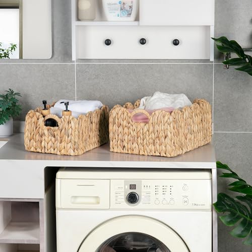 iEGrow Scalloped Wicker Basket, Set of 2 Woven Rattan Natural Water Hyacinth Baskets with Built-in Handles, Rectangle Storage Baskets for Organizing, Decor, Shelf and Nursery Room - size: Rectangle